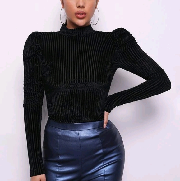 Mock Neck Top Puff Long Sleeve Rib Black Velvet M - Picture 2 of 12